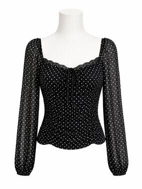 ASTR The Label Black Polka Dot Ruched Sheer Sleeve Top - Size M